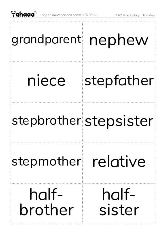 RAZ Vocabulary I: Families PDF two columns flashcards