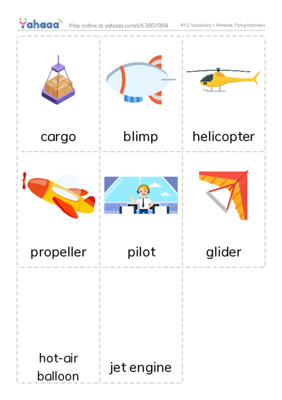 RAZ Vocabulary I: Fantastic Flying Machines PDF flaschards with images