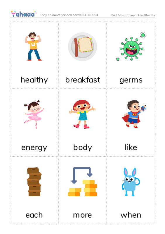 RAZ Vocabulary I: Healthy Me PDF flaschards with images