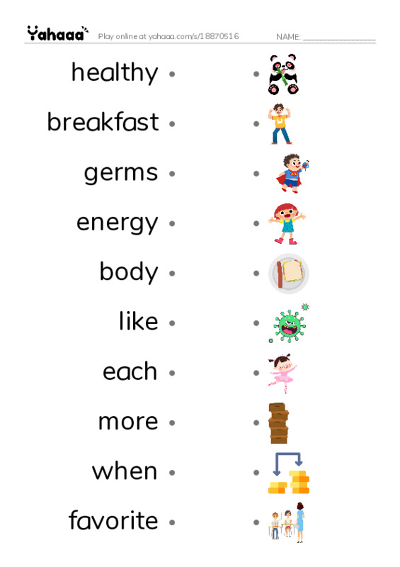 RAZ Vocabulary I: Healthy Me PDF link match words worksheet
