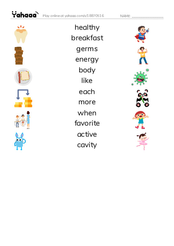 RAZ Vocabulary I: Healthy Me PDF three columns match words
