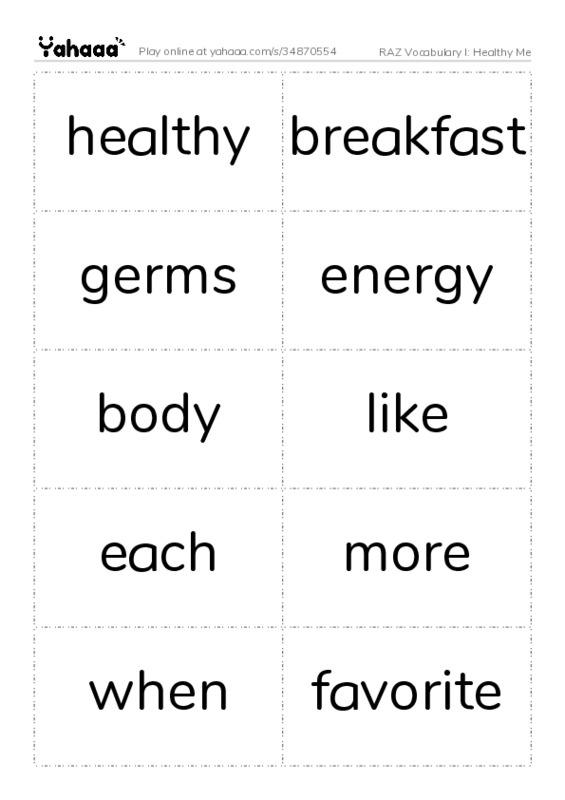 RAZ Vocabulary I: Healthy Me PDF two columns flashcards