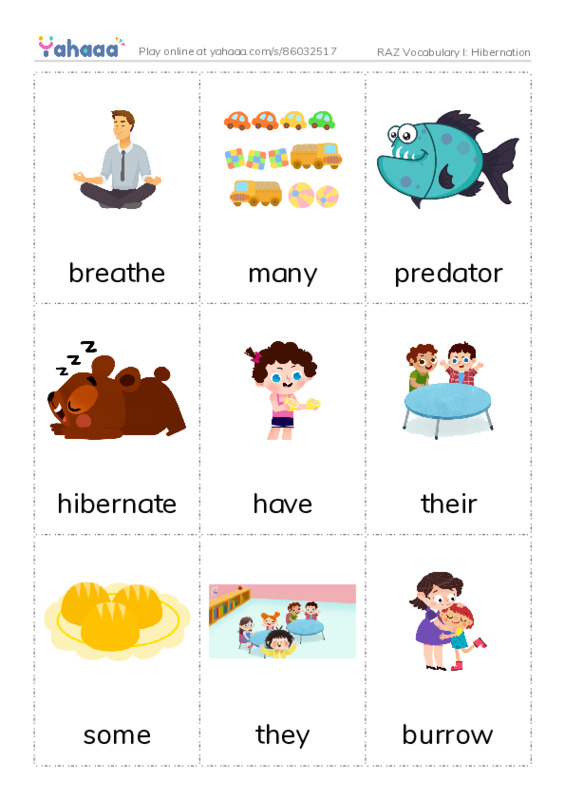 RAZ Vocabulary I: Hibernation PDF flaschards with images