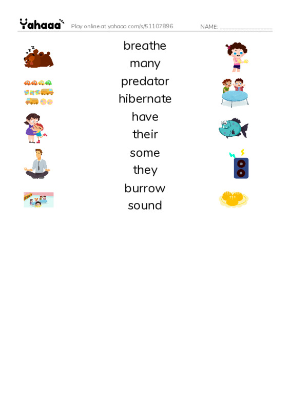 RAZ Vocabulary I: Hibernation PDF three columns match words