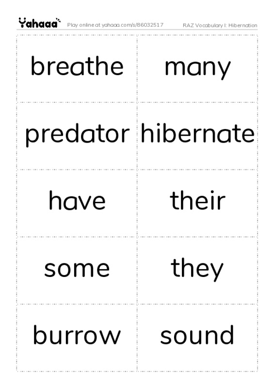RAZ Vocabulary I: Hibernation PDF two columns flashcards