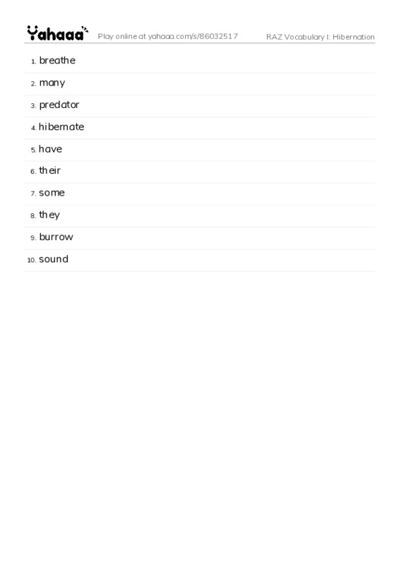 RAZ Vocabulary I: Hibernation PDF words glossary