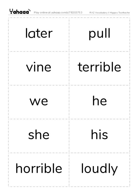 RAZ Vocabulary I: Hippos Toothache PDF two columns flashcards