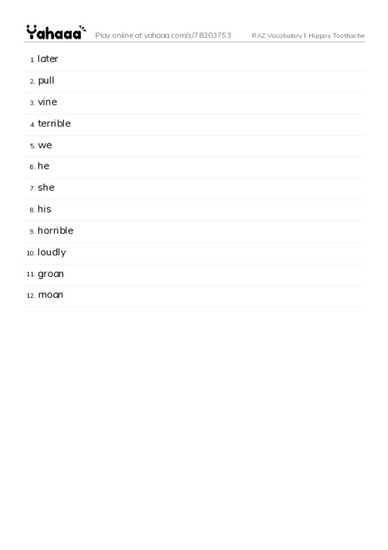 RAZ Vocabulary I: Hippos Toothache PDF words glossary