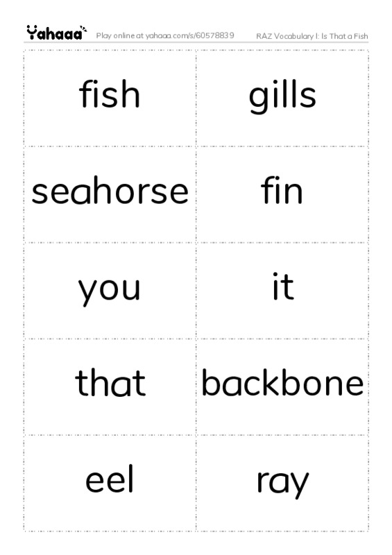 RAZ Vocabulary I: Is That a Fish PDF two columns flashcards