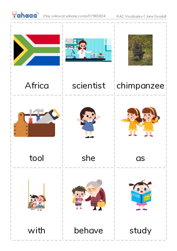 RAZ Vocabulary I: Jane Goodall PDF flaschards with images
