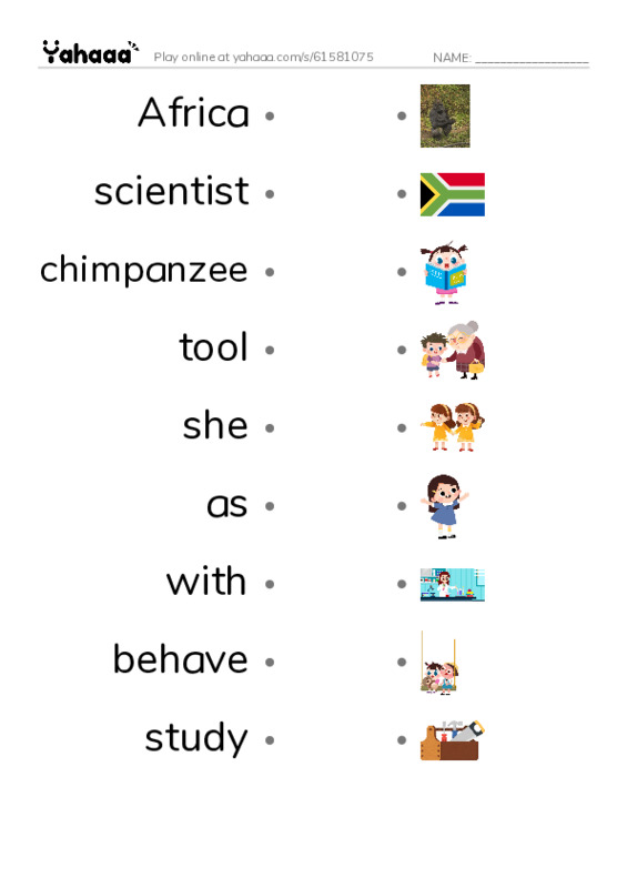 RAZ Vocabulary I: Jane Goodall PDF link match words worksheet