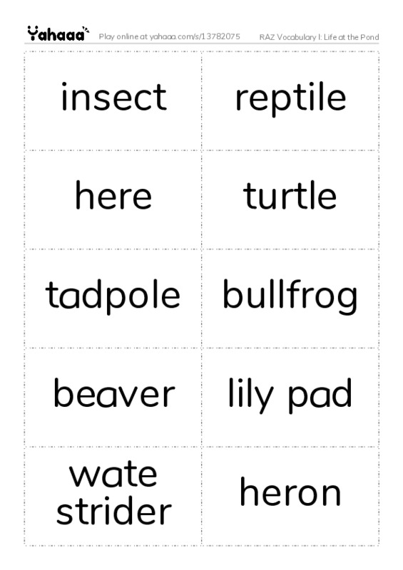 RAZ Vocabulary I: Life at the Pond PDF two columns flashcards