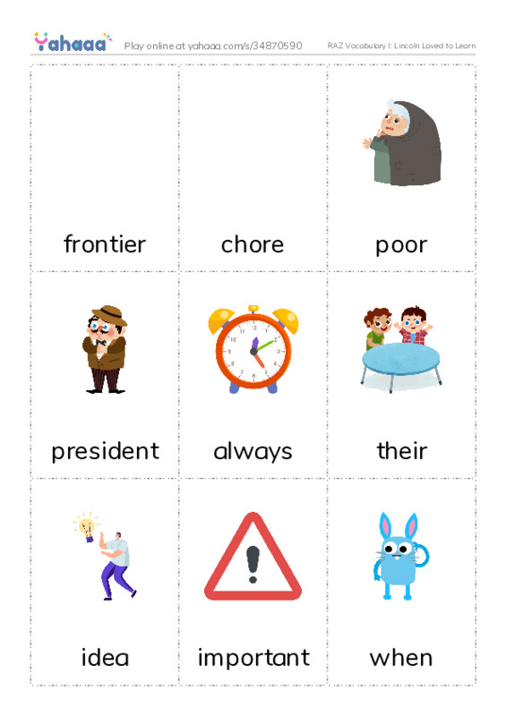 RAZ Vocabulary I: Lincoln Loved to Learn PDF flaschards with images
