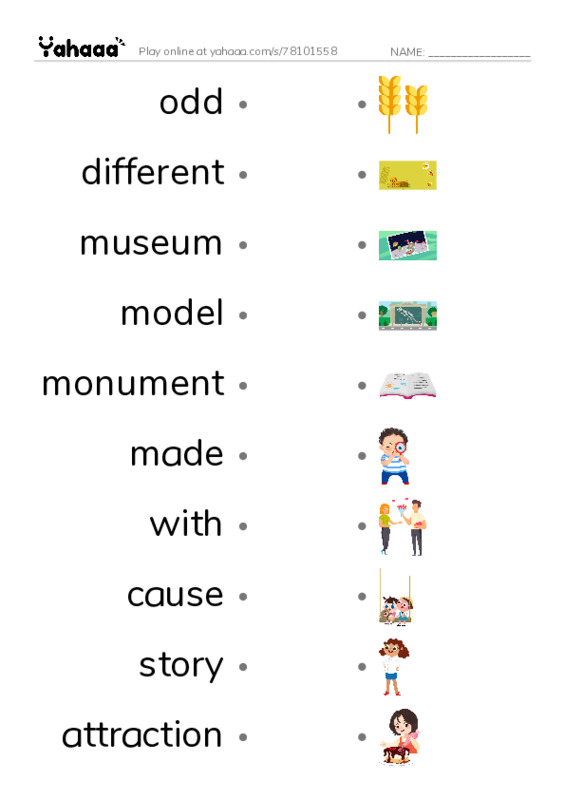 RAZ Vocabulary I: Roadside Oddities PDF link match words worksheet