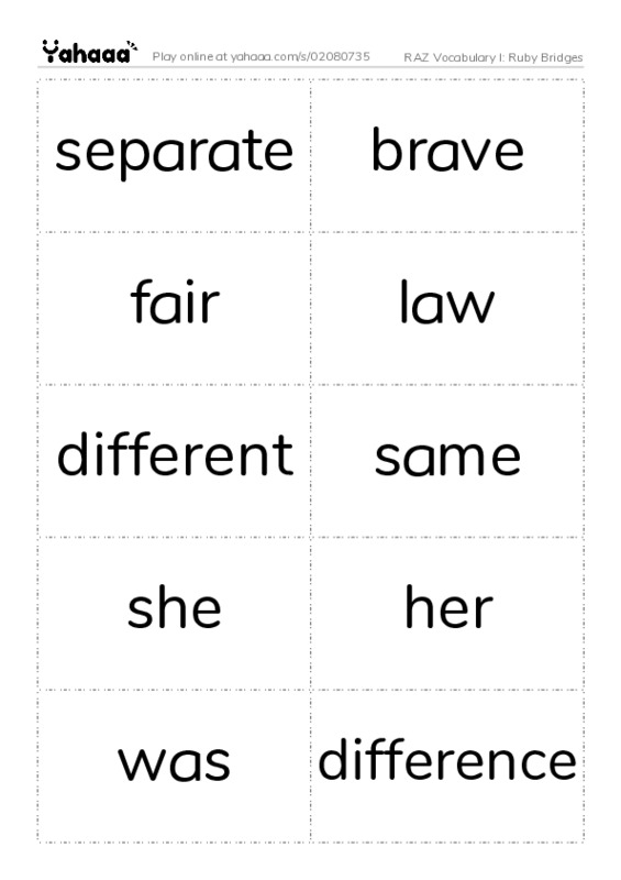 RAZ Vocabulary I: Ruby Bridges PDF two columns flashcards