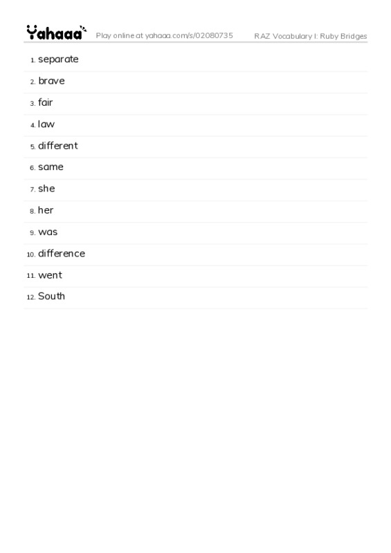 RAZ Vocabulary I: Ruby Bridges PDF words glossary