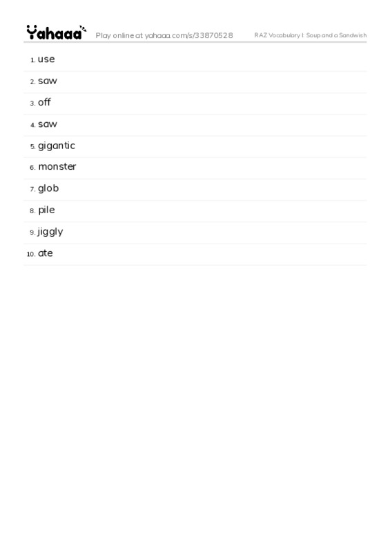 RAZ Vocabulary I: Soup and a Sandwish PDF words glossary