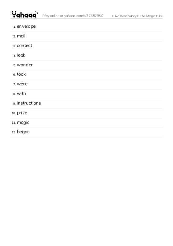 RAZ Vocabulary I: The Magic Bike PDF words glossary
