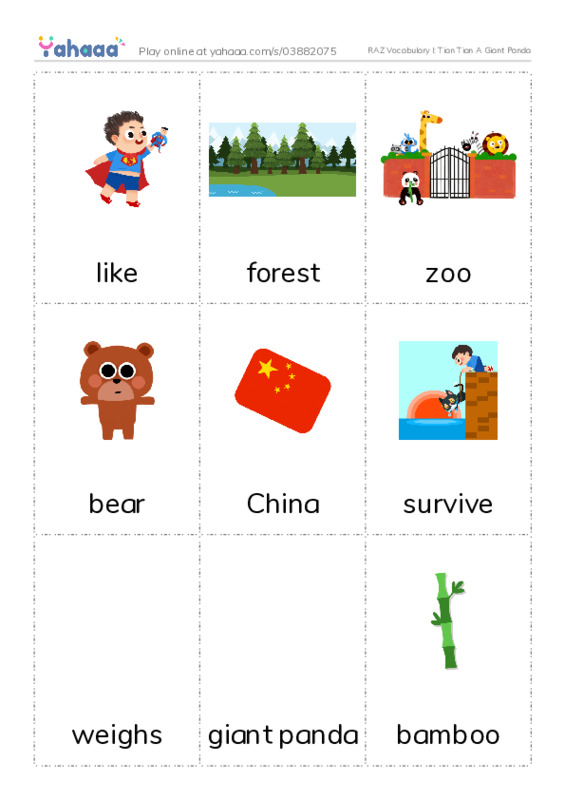 Free worksheet on RAZ Vocabulary I: Tian Tian A Giant Panda | Yahaaa!