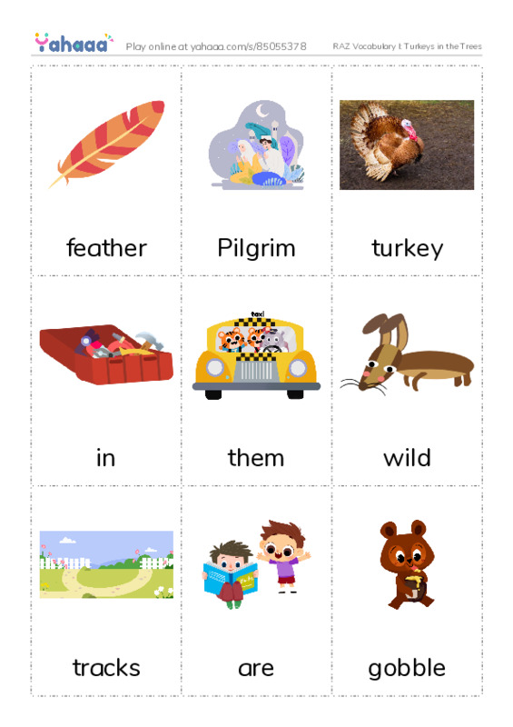RAZ Vocabulary I: Turkeys in the Trees PDF flaschards with images