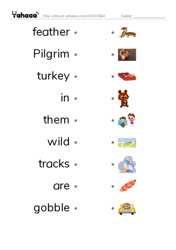 RAZ Vocabulary I: Turkeys in the Trees PDF link match words worksheet