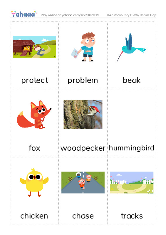 RAZ Vocabulary I: Why Robins Hop PDF flaschards with images