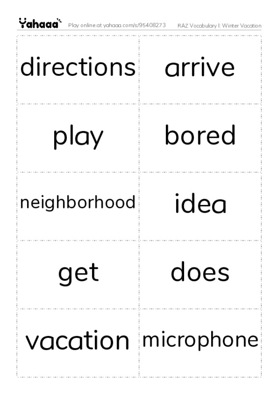 RAZ Vocabulary I: Winter Vacation PDF two columns flashcards
