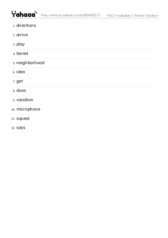 RAZ Vocabulary I: Winter Vacation PDF words glossary