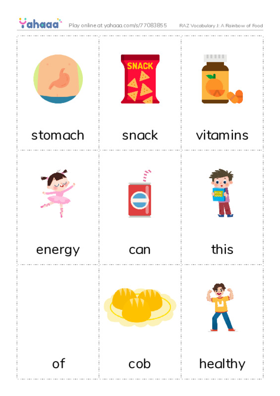 RAZ Vocabulary J: A Rainbow of Food PDF flaschards with images