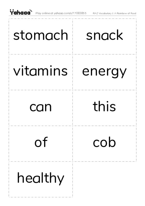 RAZ Vocabulary J: A Rainbow of Food PDF two columns flashcards