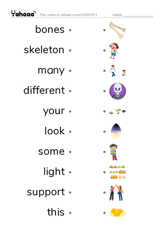 RAZ Vocabulary J: Animal Skeletons PDF link match words worksheet