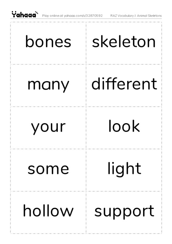 RAZ Vocabulary J: Animal Skeletons PDF two columns flashcards