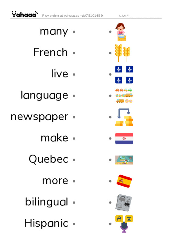RAZ Vocabulary J: Being Bilingual1 PDF link match words worksheet