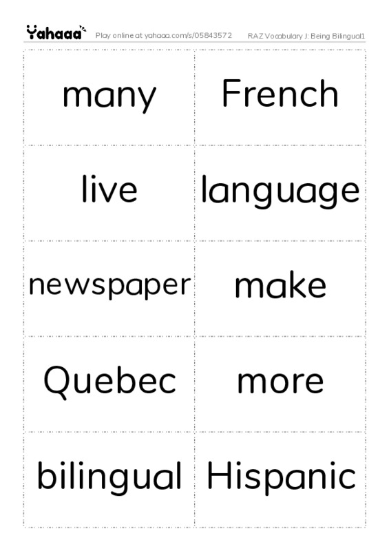 RAZ Vocabulary J: Being Bilingual1 PDF two columns flashcards