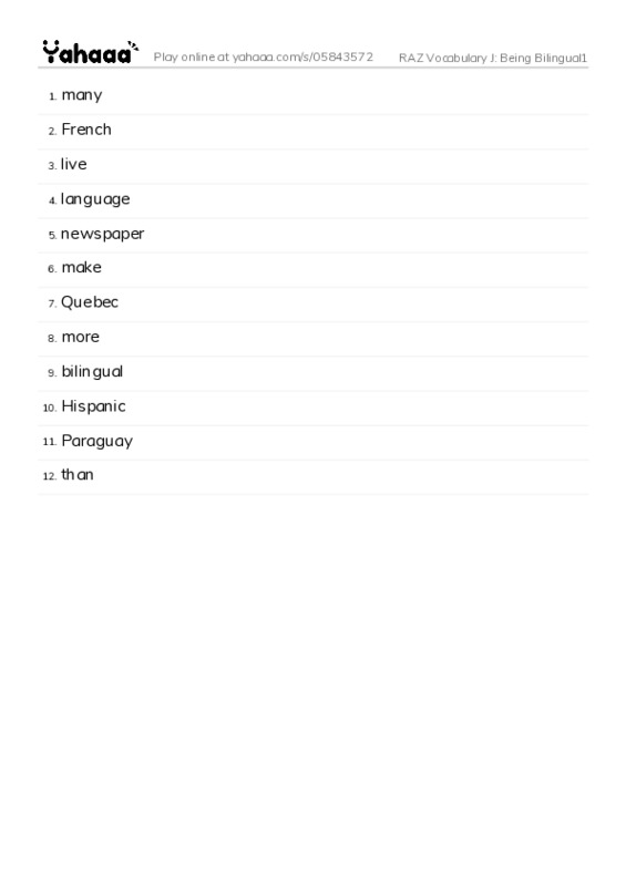 RAZ Vocabulary J: Being Bilingual1 PDF words glossary