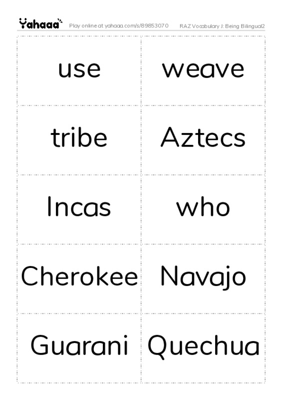 RAZ Vocabulary J: Being Bilingual2 PDF two columns flashcards