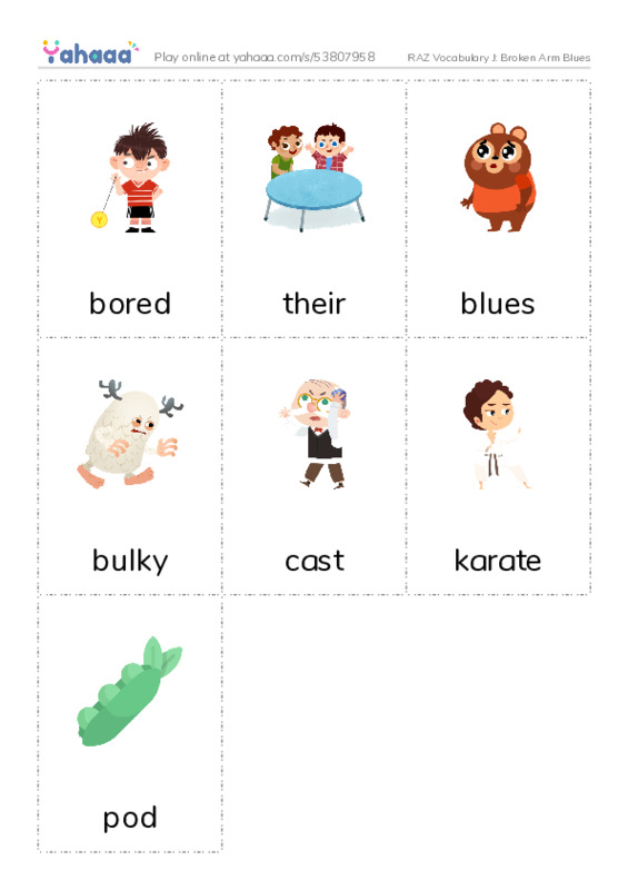 RAZ Vocabulary J: Broken Arm Blues PDF flaschards with images