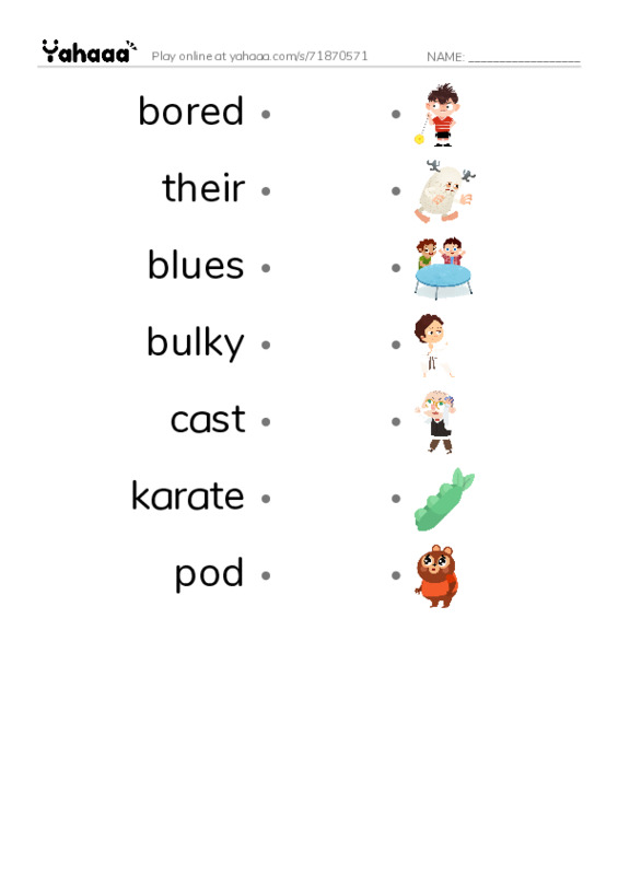 RAZ Vocabulary J: Broken Arm Blues PDF link match words worksheet