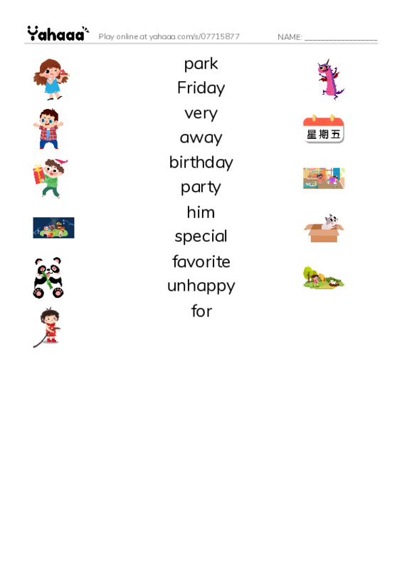 RAZ Vocabulary J: Darbys Birthday Party PDF three columns match words