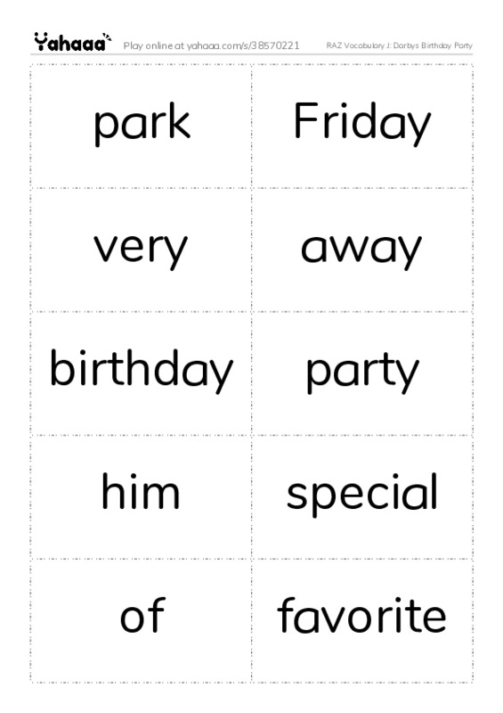 RAZ Vocabulary J: Darbys Birthday Party PDF two columns flashcards