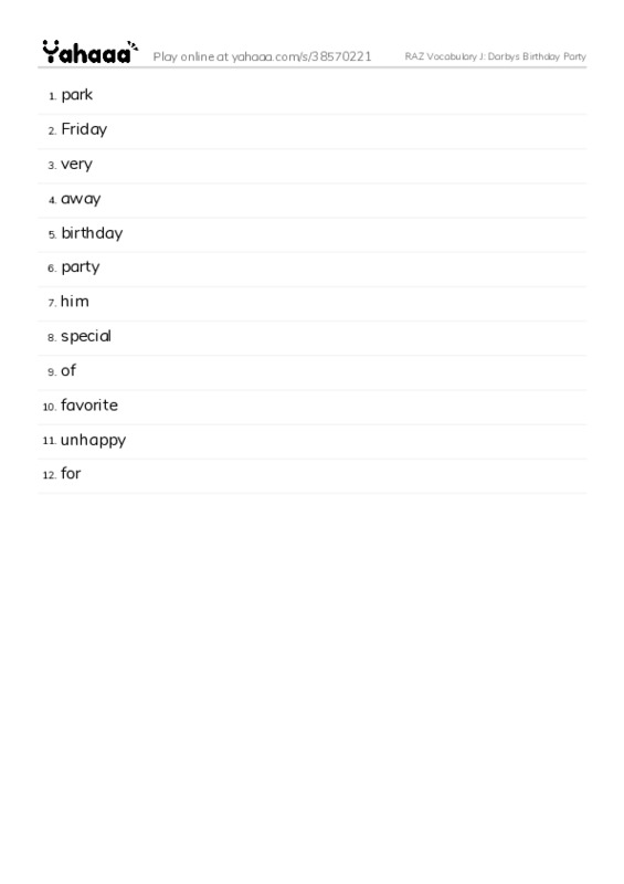 RAZ Vocabulary J: Darbys Birthday Party PDF words glossary