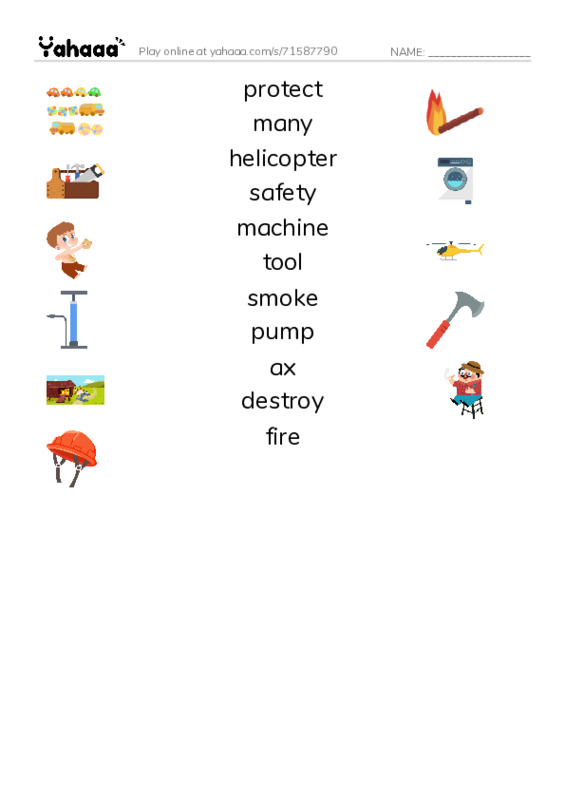 RAZ Vocabulary J: Firefighters PDF three columns match words