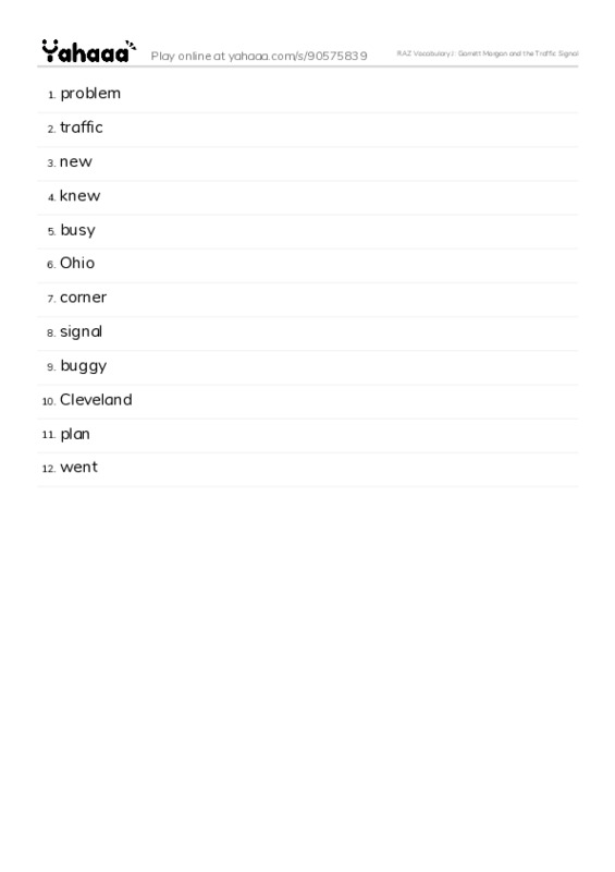 RAZ Vocabulary J: Garrett Morgan and the Traffic Signal PDF words glossary