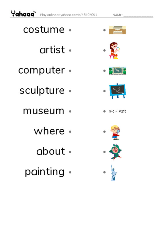 RAZ Vocabulary J: Going to the Art Museum PDF link match words worksheet