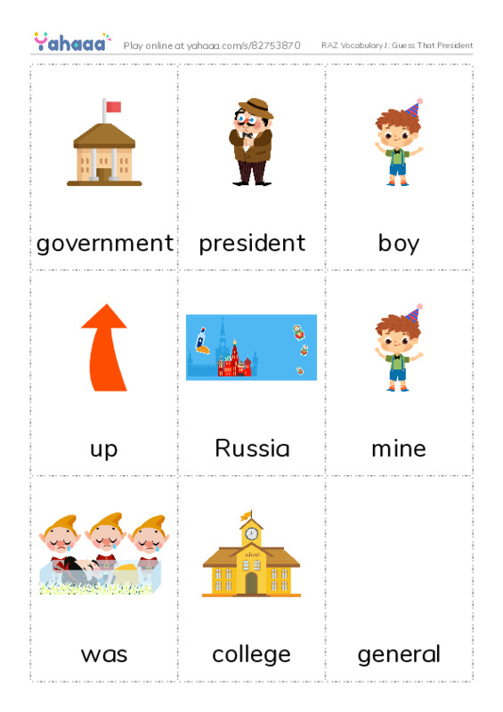 RAZ Vocabulary J: Guess That President PDF flaschards with images