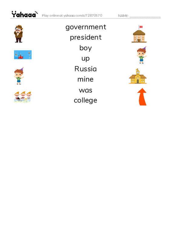 RAZ Vocabulary J: Guess That President PDF three columns match words