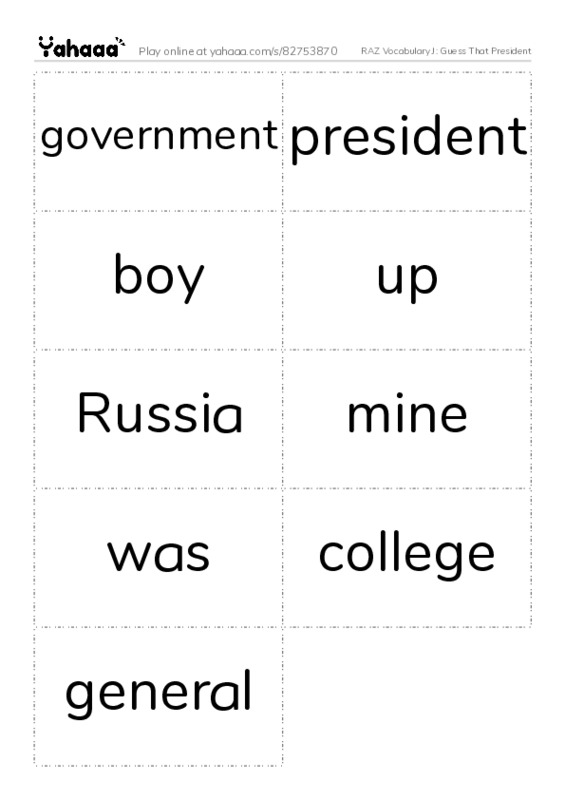 RAZ Vocabulary J: Guess That President PDF two columns flashcards