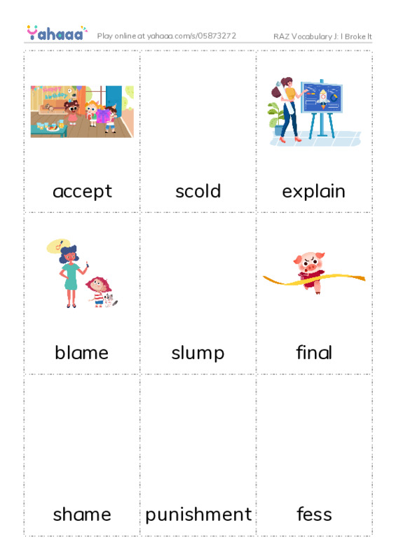 RAZ Vocabulary J: I Broke It PDF flaschards with images