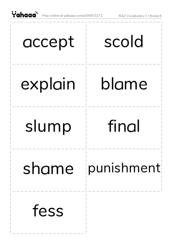 RAZ Vocabulary J: I Broke It PDF two columns flashcards