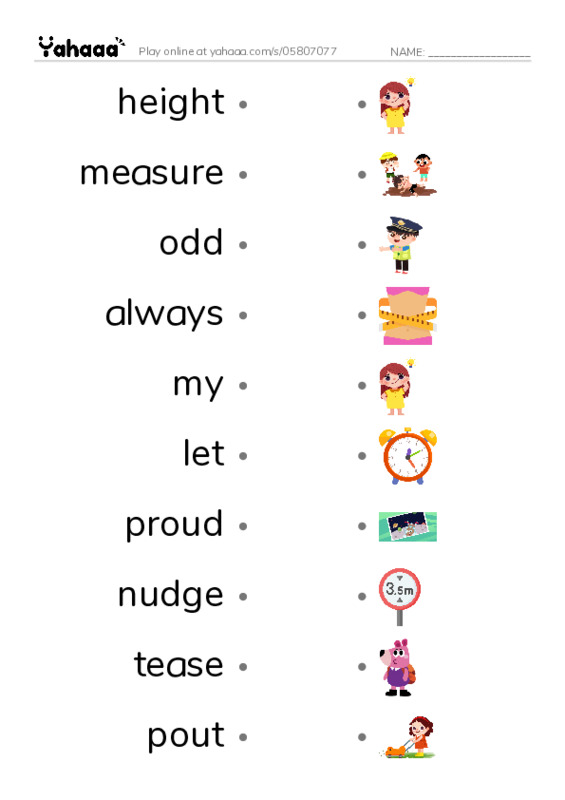RAZ Vocabulary J: Im the Tall One PDF link match words worksheet